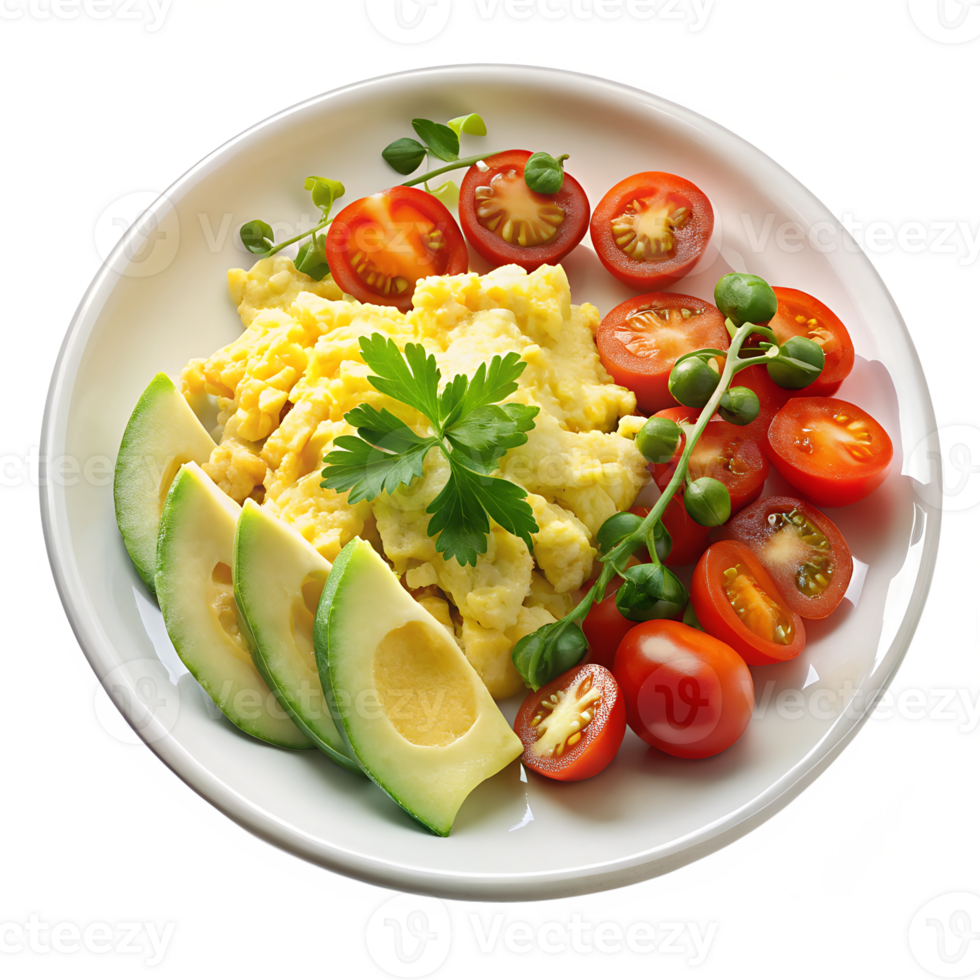 Eggs, tomatoes, and avocado on a plate png