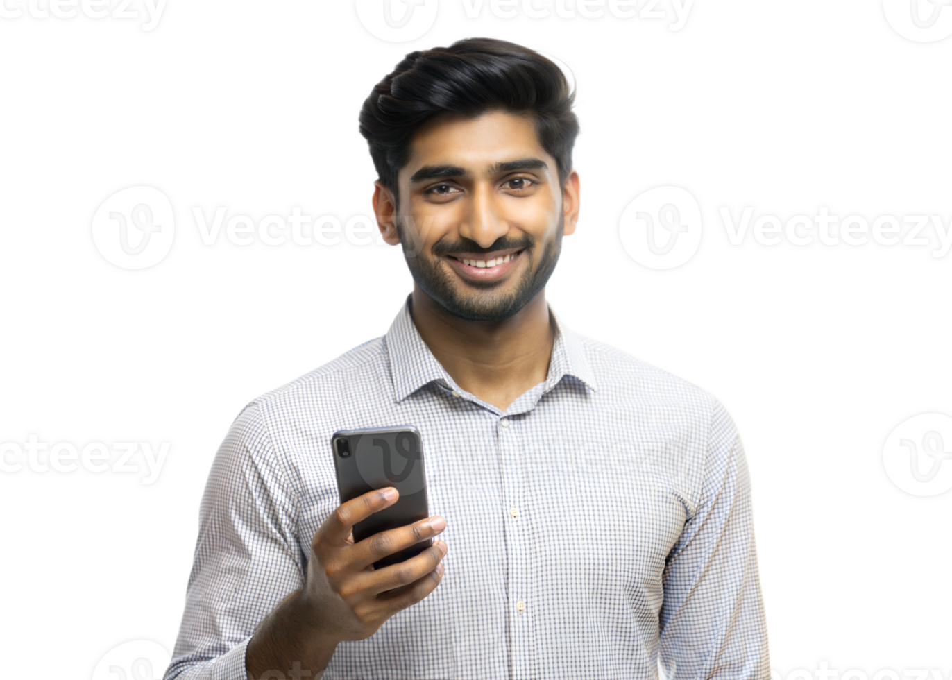 Smiling young man with phone in checked shirt png
