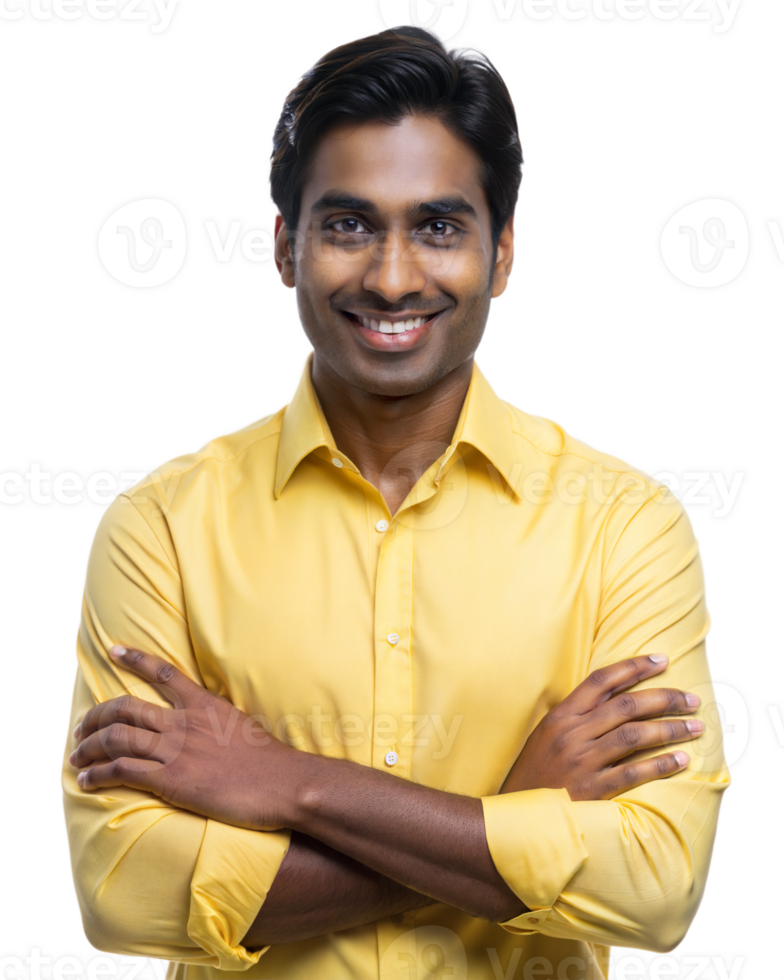 Smiling man in a yellow shirt with crossed arms png