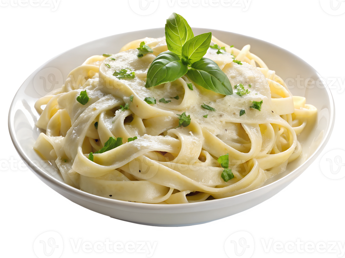 Creamy fettuccine alfredo served with fresh basil png