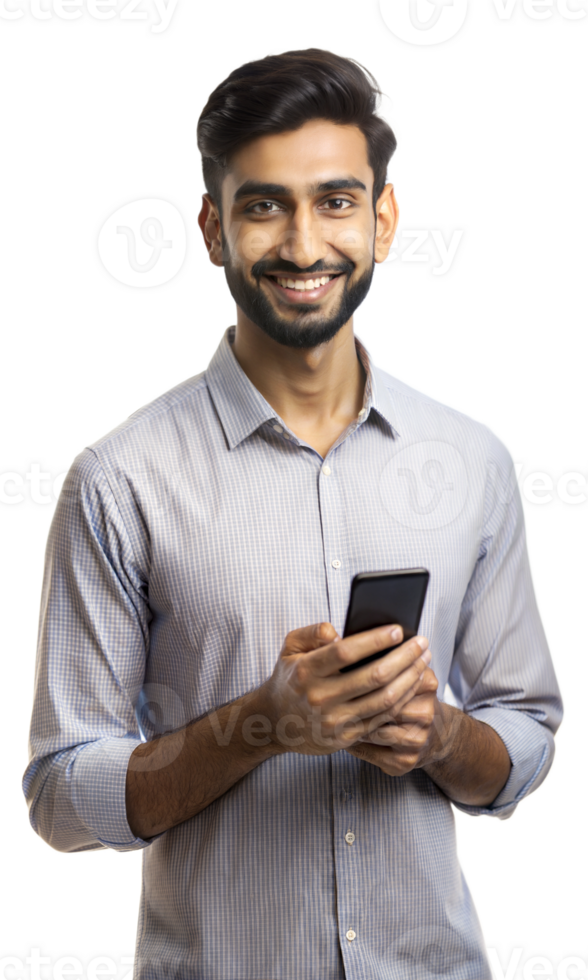 Young man smiling while using smartphone indoors png