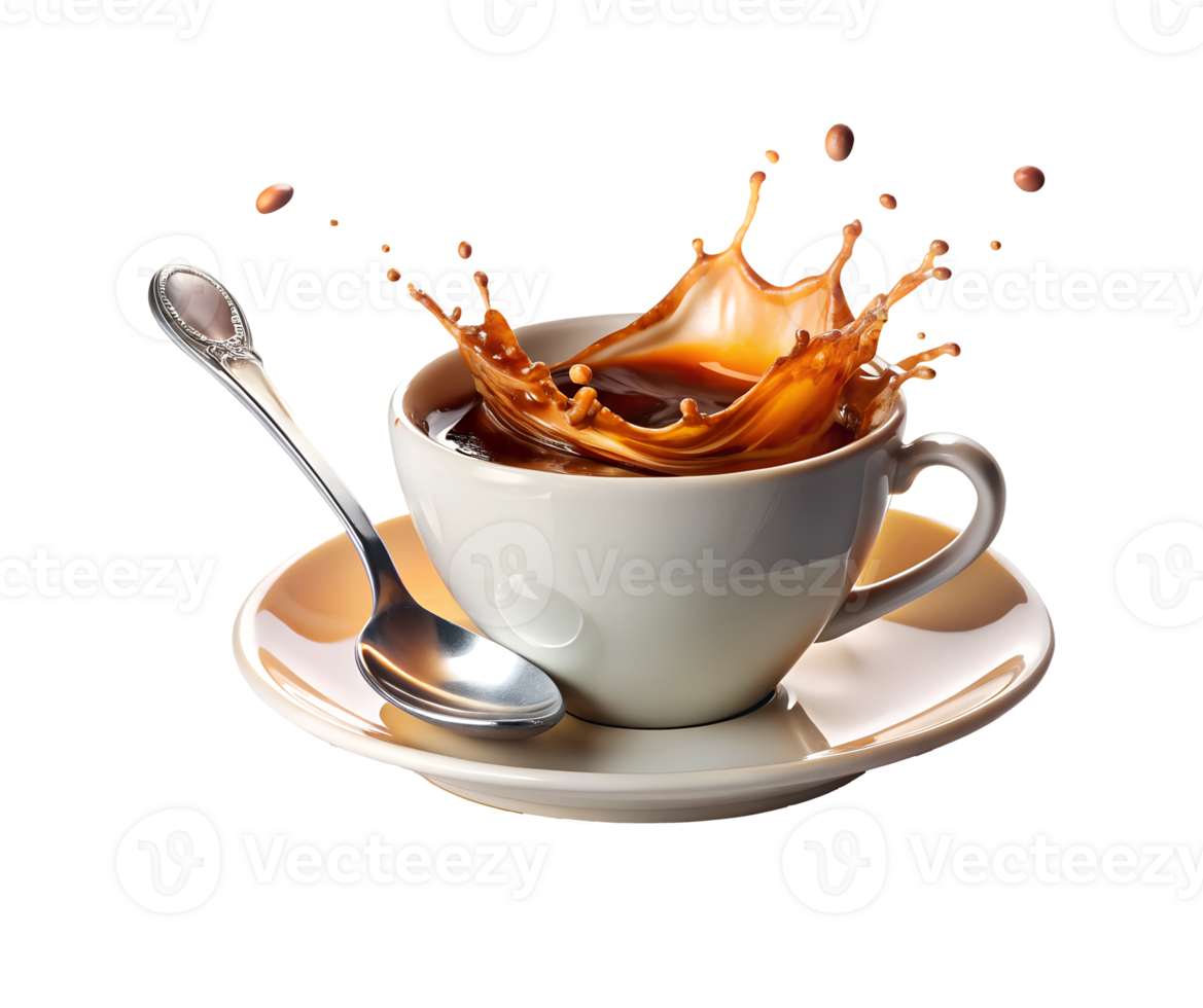 Coffee splashing in a white cup on a saucer png
