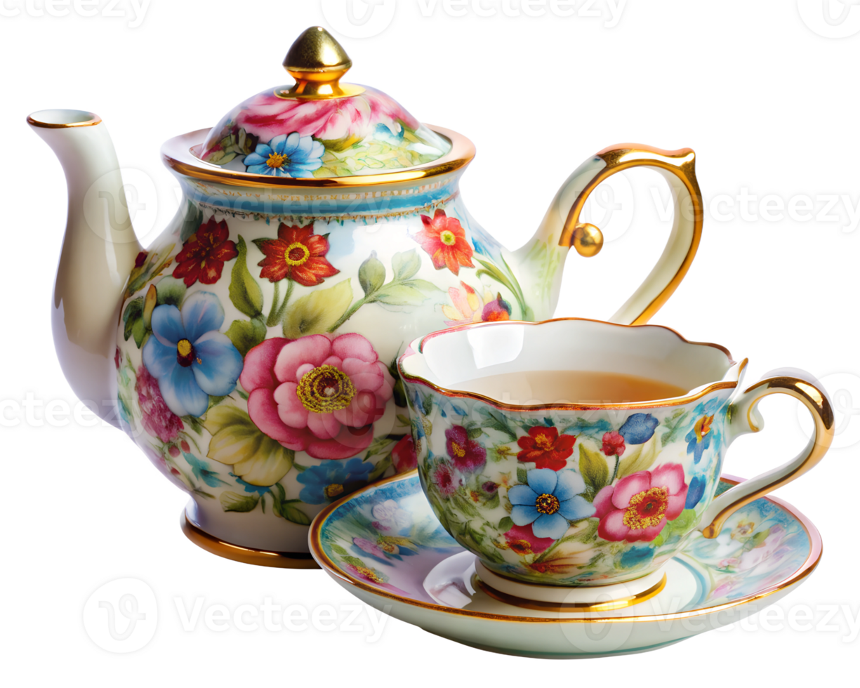 Floral teapot and cup set for tea png