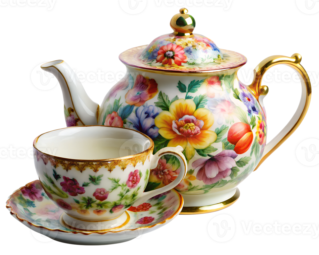 Beautiful floral tea set with teapot and cup png