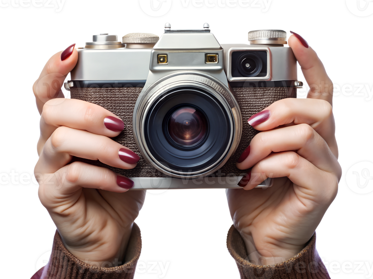 A person holds a vintage camera ready for a shot png