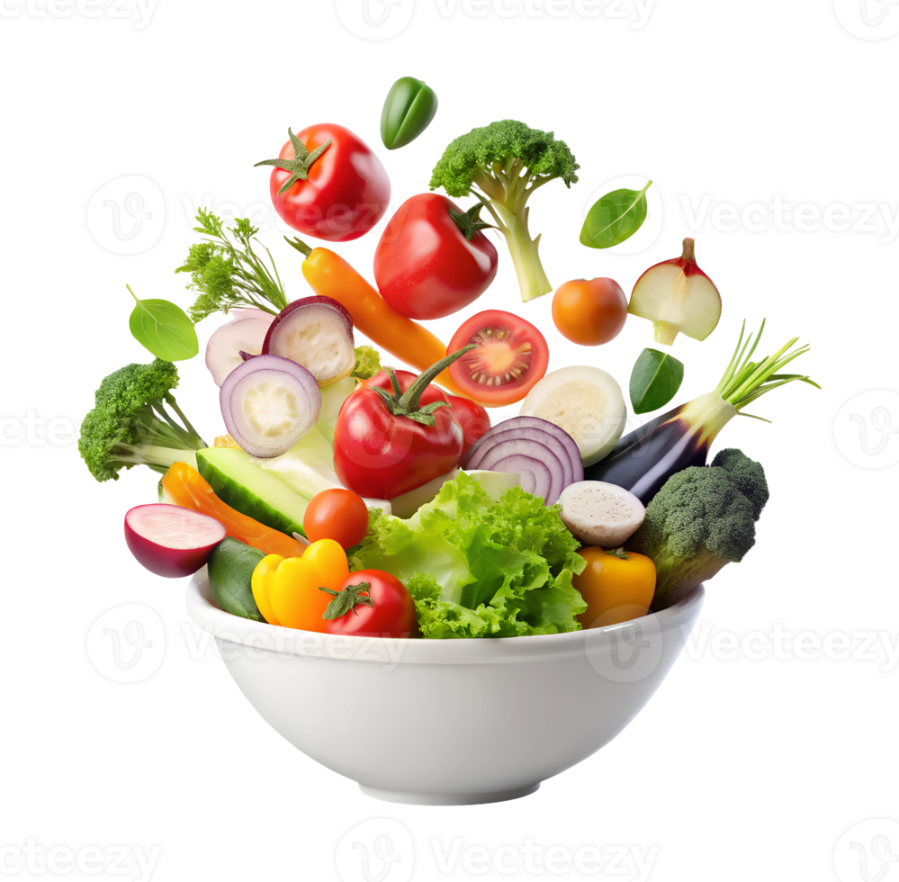 Fresh vegetables and fruits flying into a bowl png