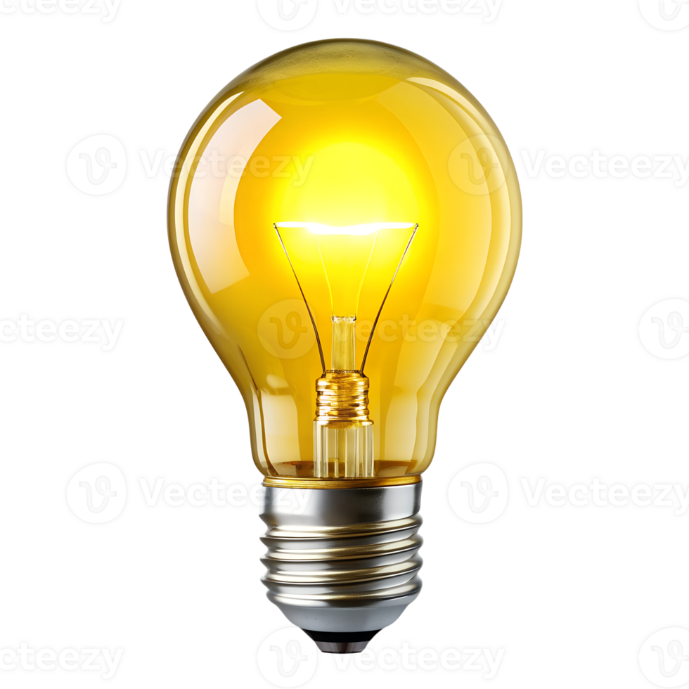Bright yellow light bulb glowing in indoor setting png
