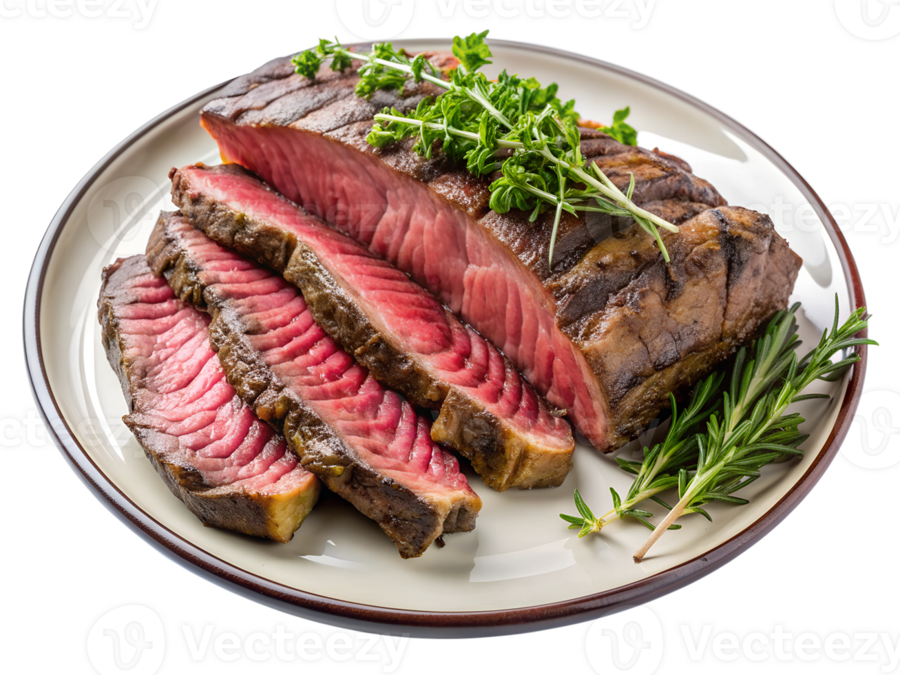 Perfectly sliced roast beef with herbs on a plate png