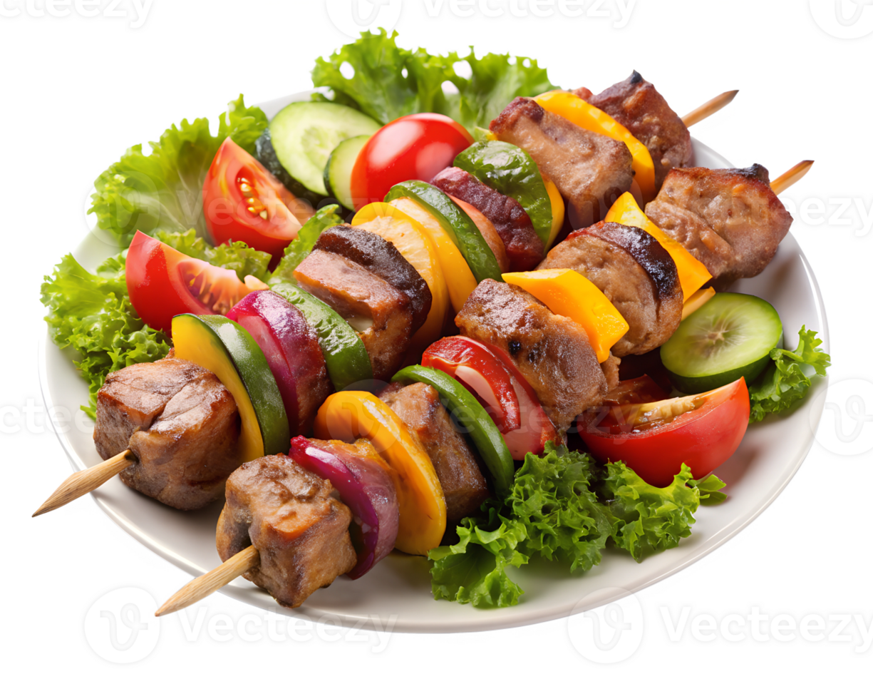 Grilled meat and vegetable skewers on a plate png