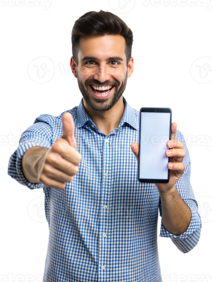 Happy man gives thumbs up with phone png