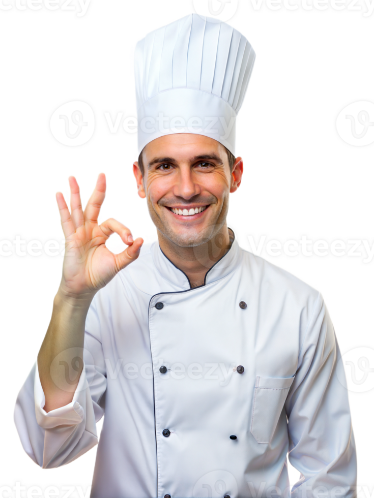 Chef smiling and showing okay gesture in uniform png