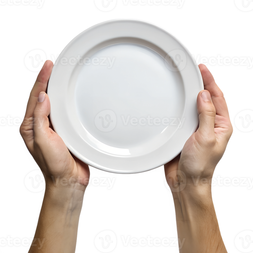 Person grasps a clean white plate png