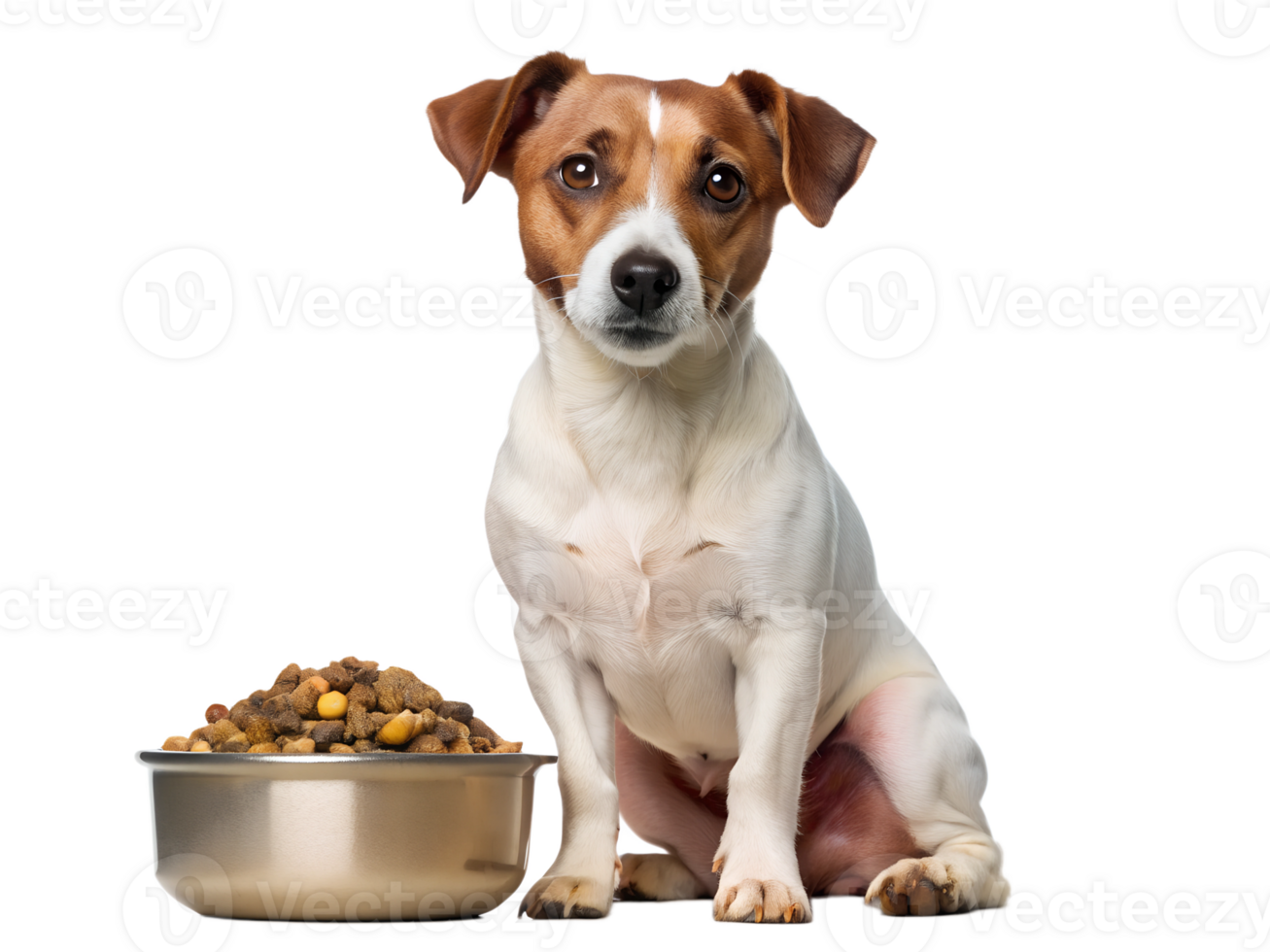 Dog sitting beside a bowl of kibble at home png