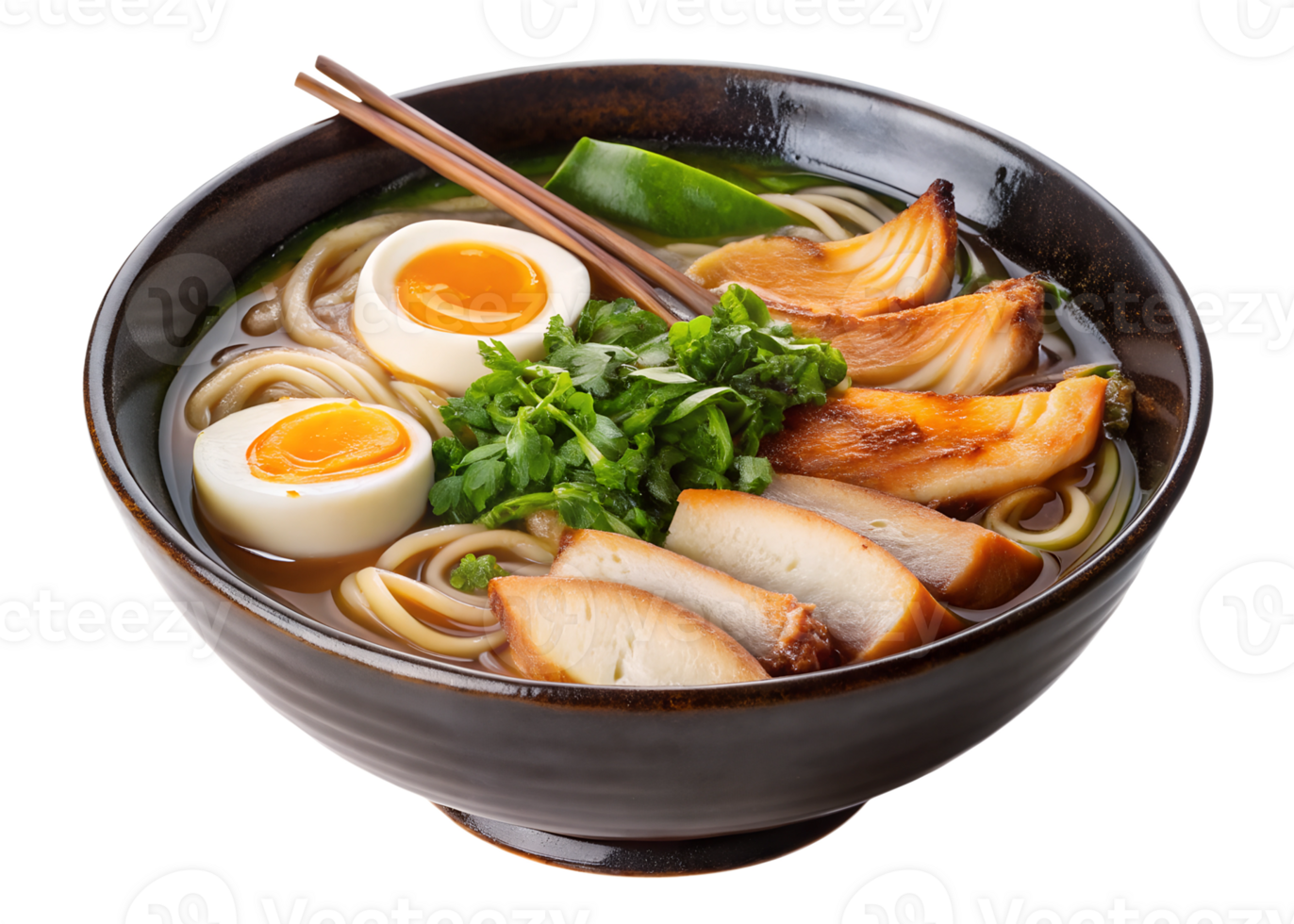 Ramen bowl with toppings and chopsticks png