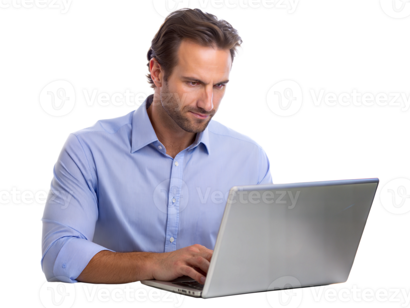 Man working intently on a laptop at home png