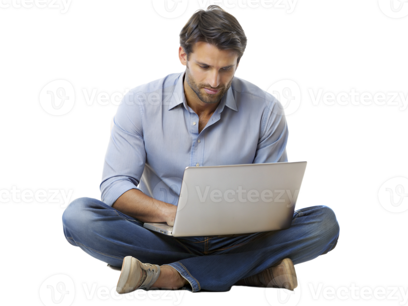 Man working on laptop while seated on the floor png