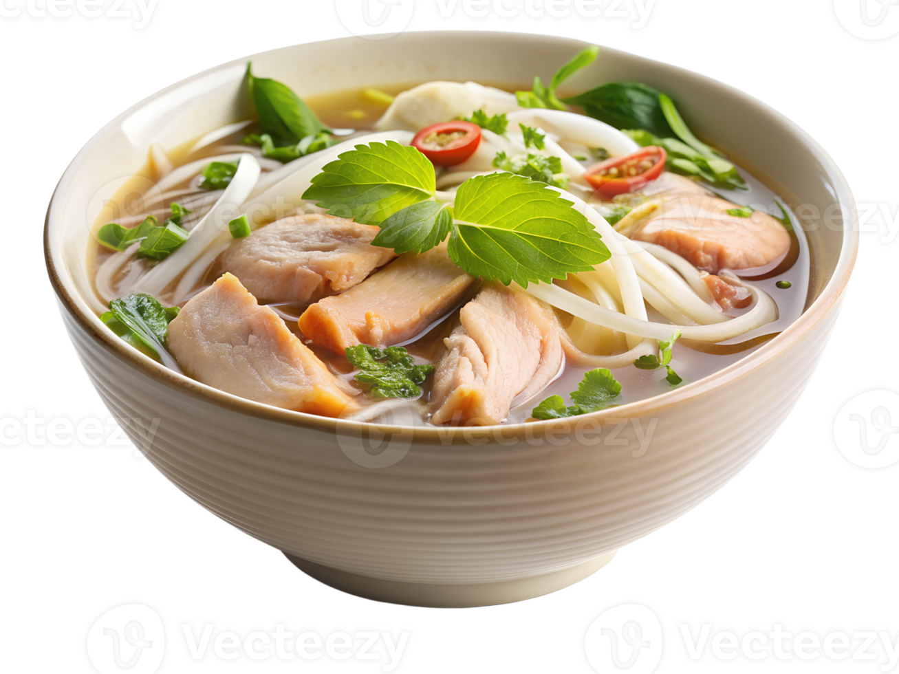 Delicious bowl of chicken pho with herbs and lime png