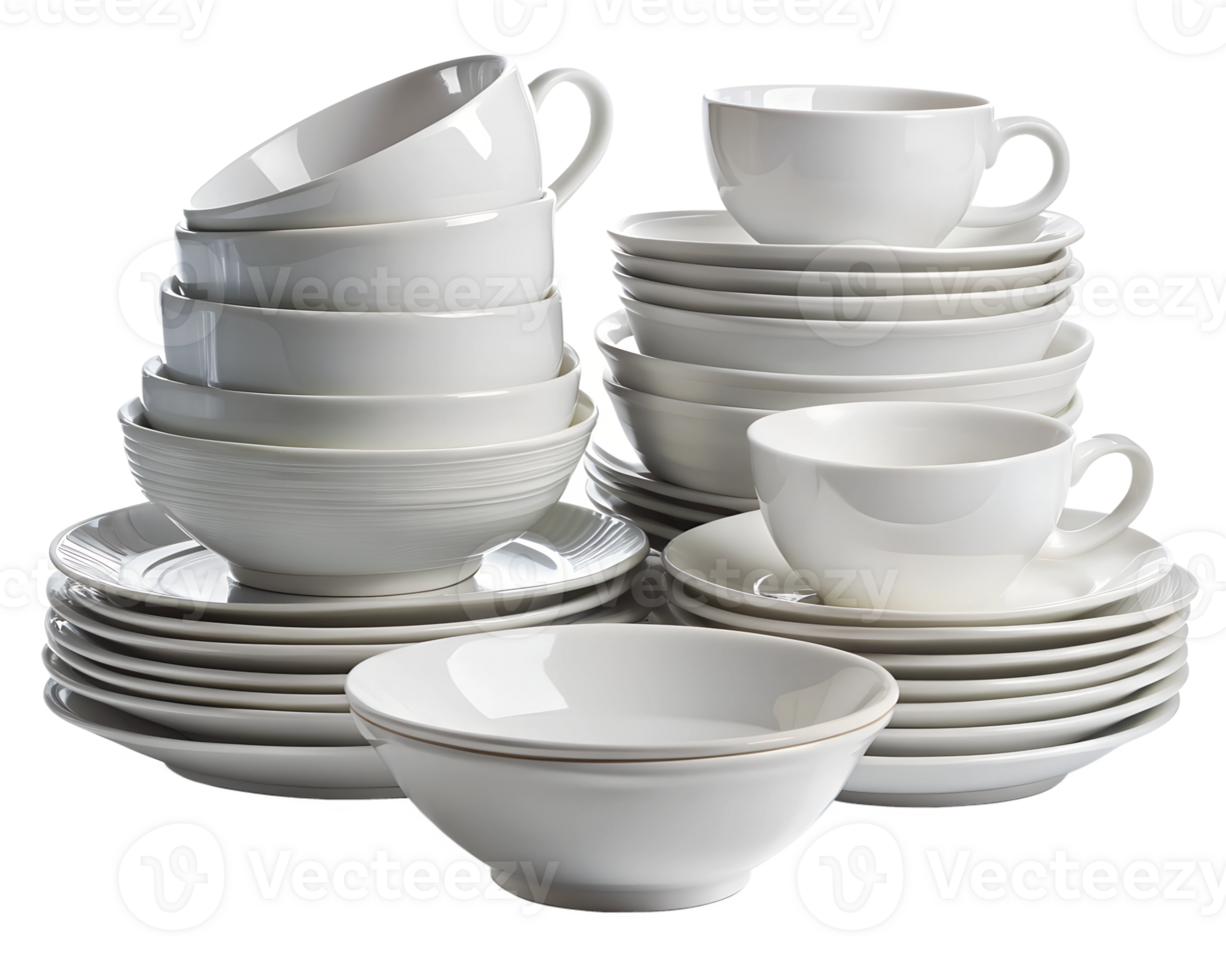 Neatly stacked white dinnerware for dining png