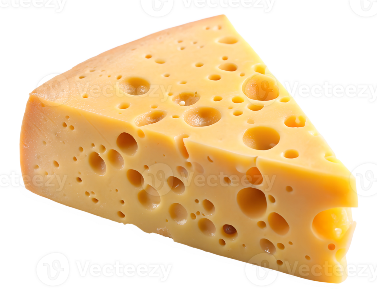 A close look at a wedge of Swiss cheese on display png