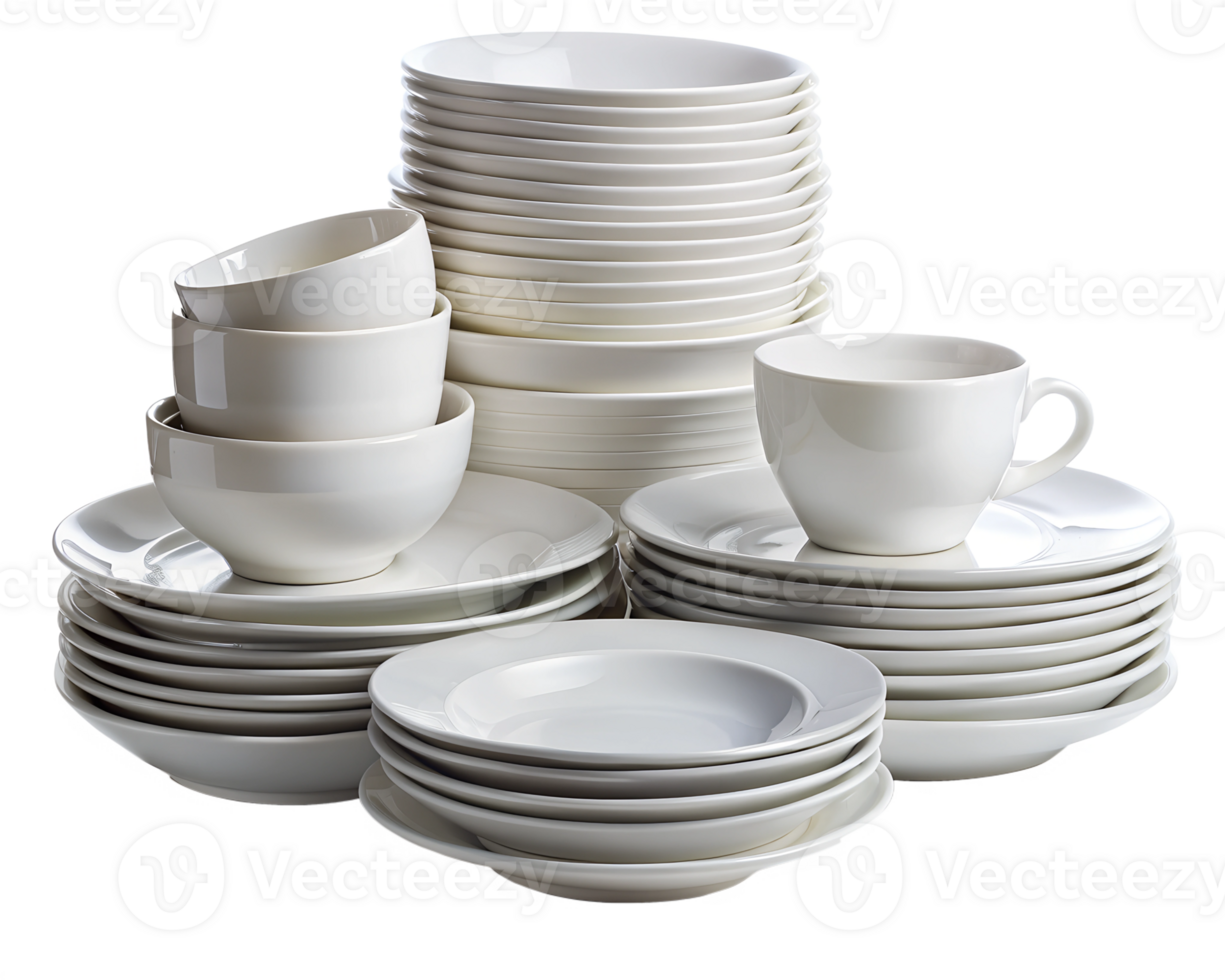 Assorted white dishware stacked on a table png