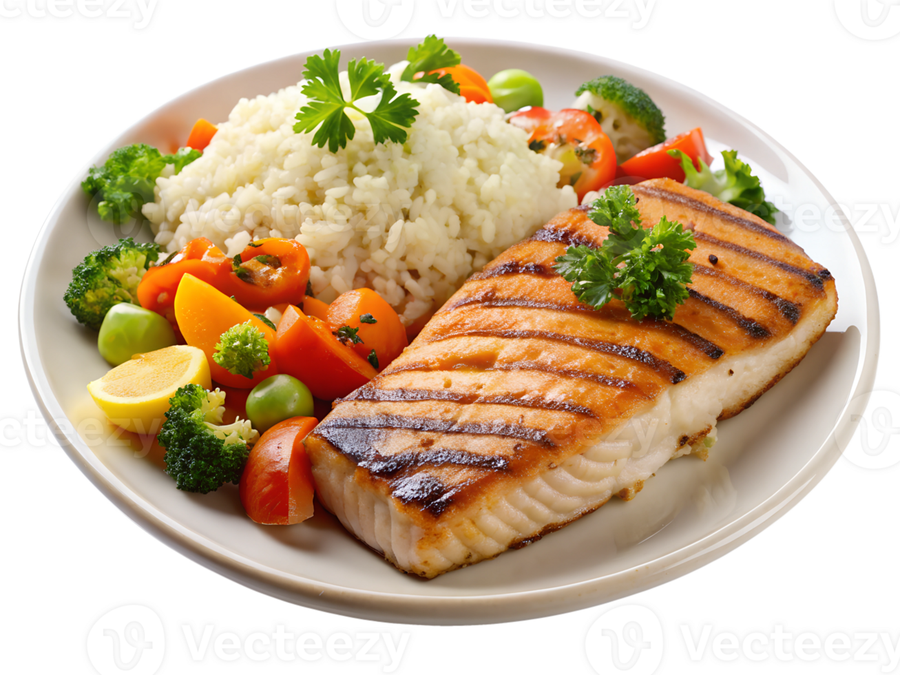 Grilled salmon with rice and veggies png