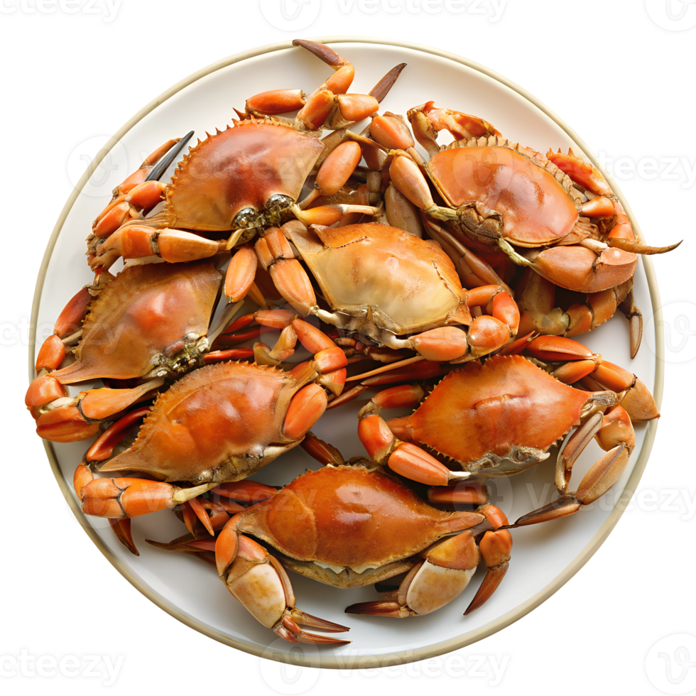Freshly caught crabs arranged on a white plate png