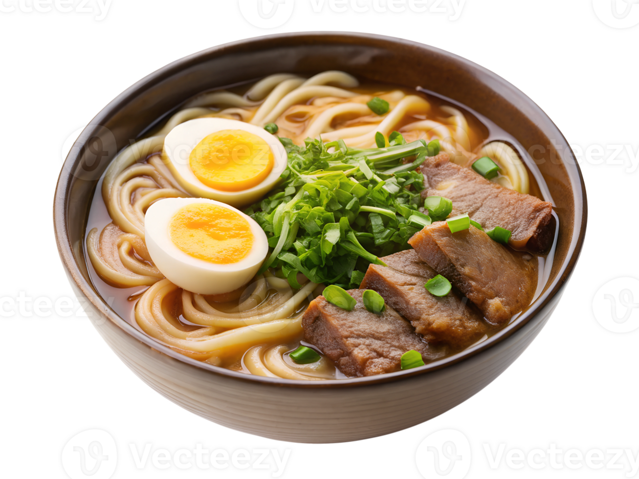 Savory noodle bowl with beef and soft boiled eggs png