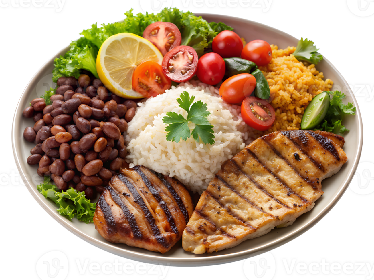 Grilled chicken and vegetables served on a plate png