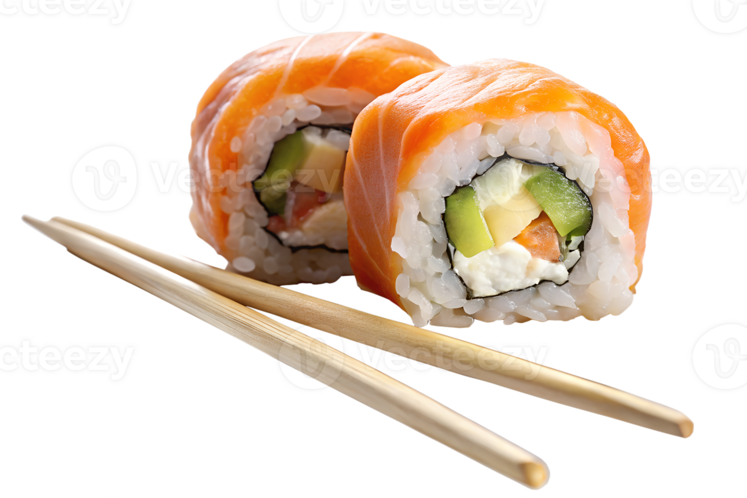 Fresh sushi rolls featuring salmon and vegetables png