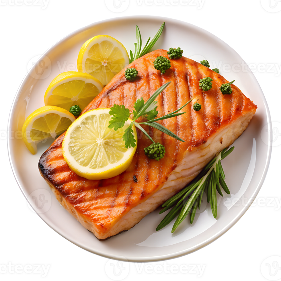 Grilled salmon garnished with lemon and herbs png