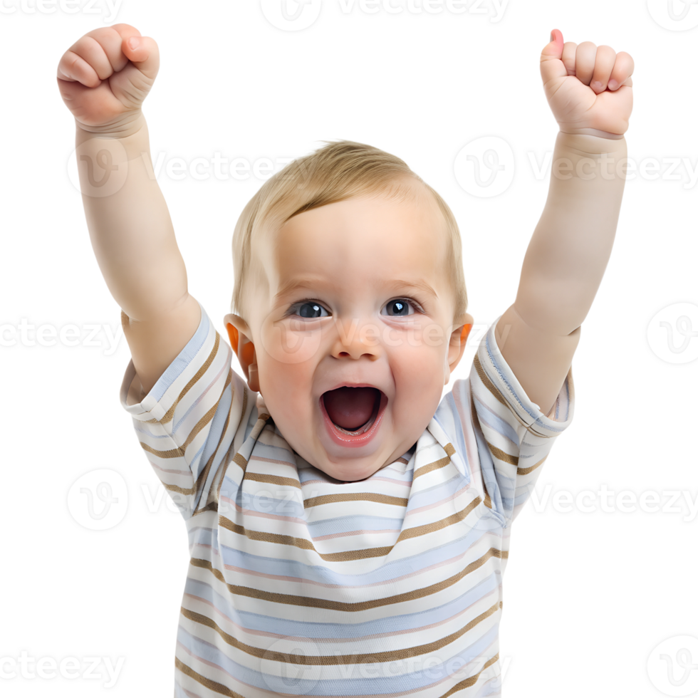 Happy baby celebrating with raised arms indoors png