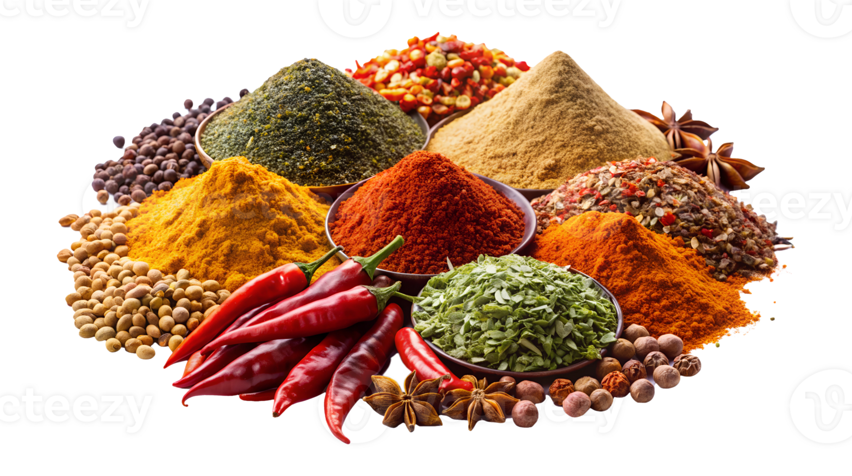A colorful display of various spices and herbs png