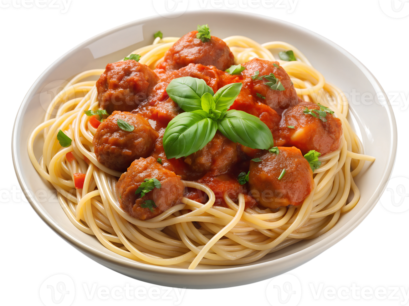 Spaghetti with meatballs and basil png
