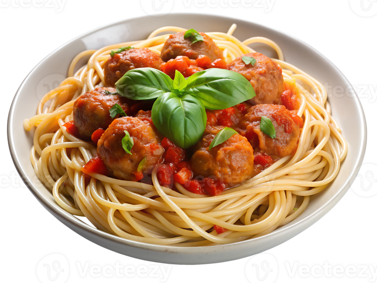 Spaghetti and meatballs with basil png