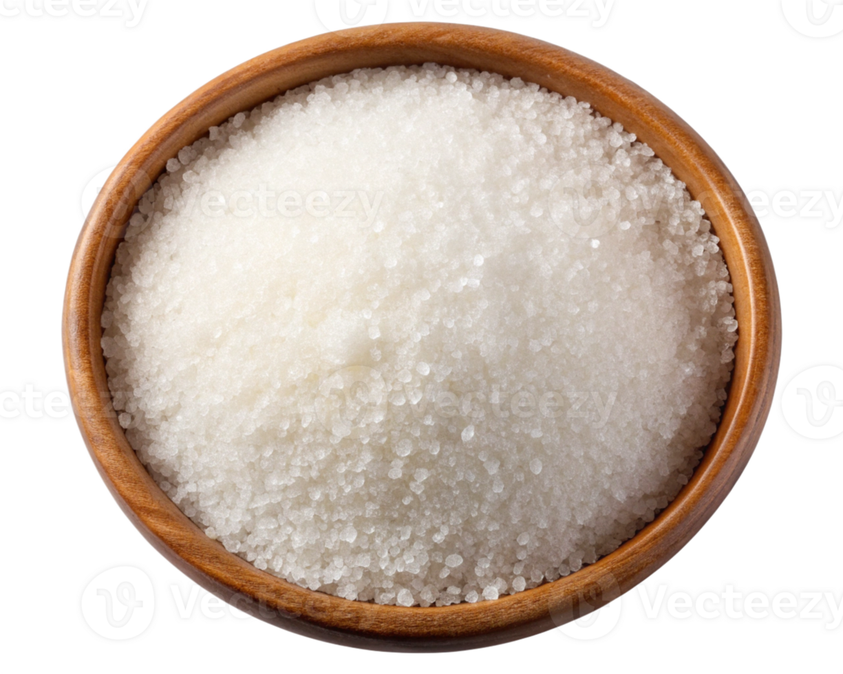 A wooden bowl filled with fine white salt on table png
