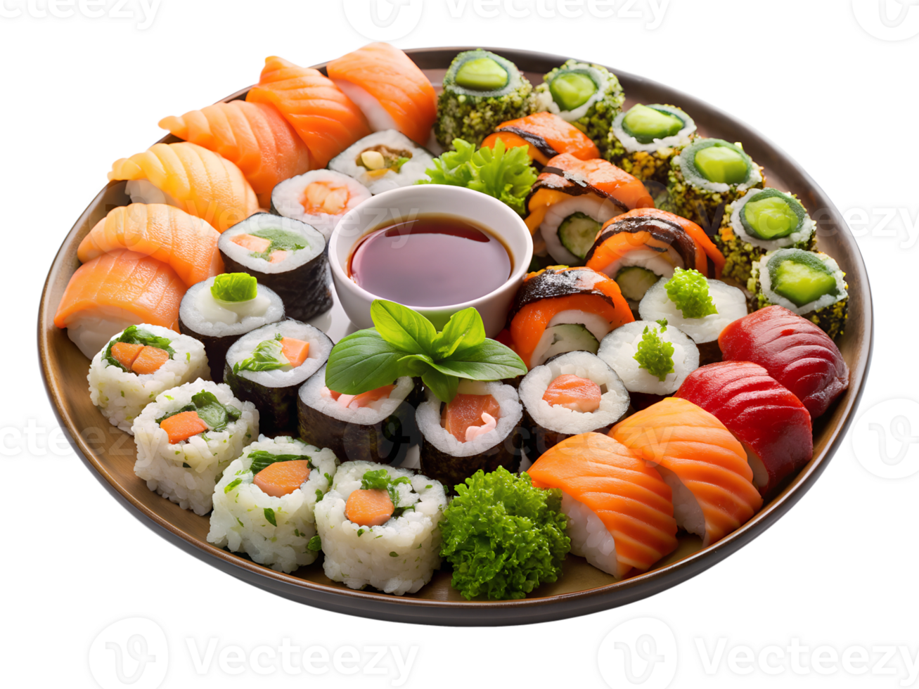 Delicious assortment of sushi served on a platter png
