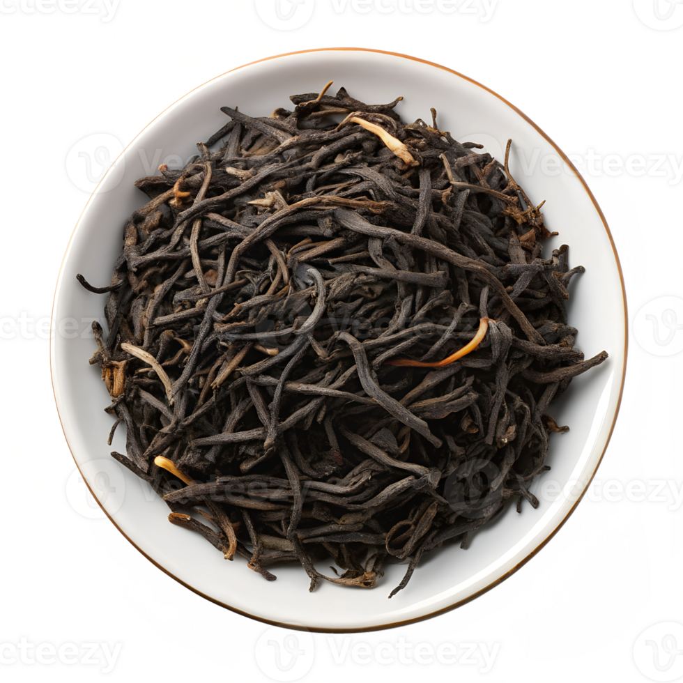 Dried black tea leaves in a white bowl on display png