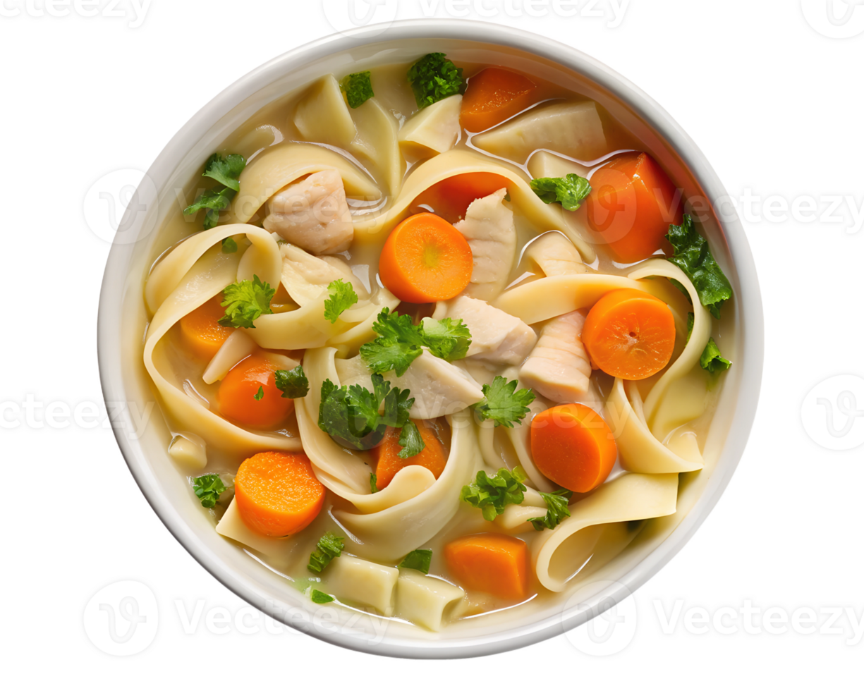 Warm bowl of chicken noodle soup with vegetables png