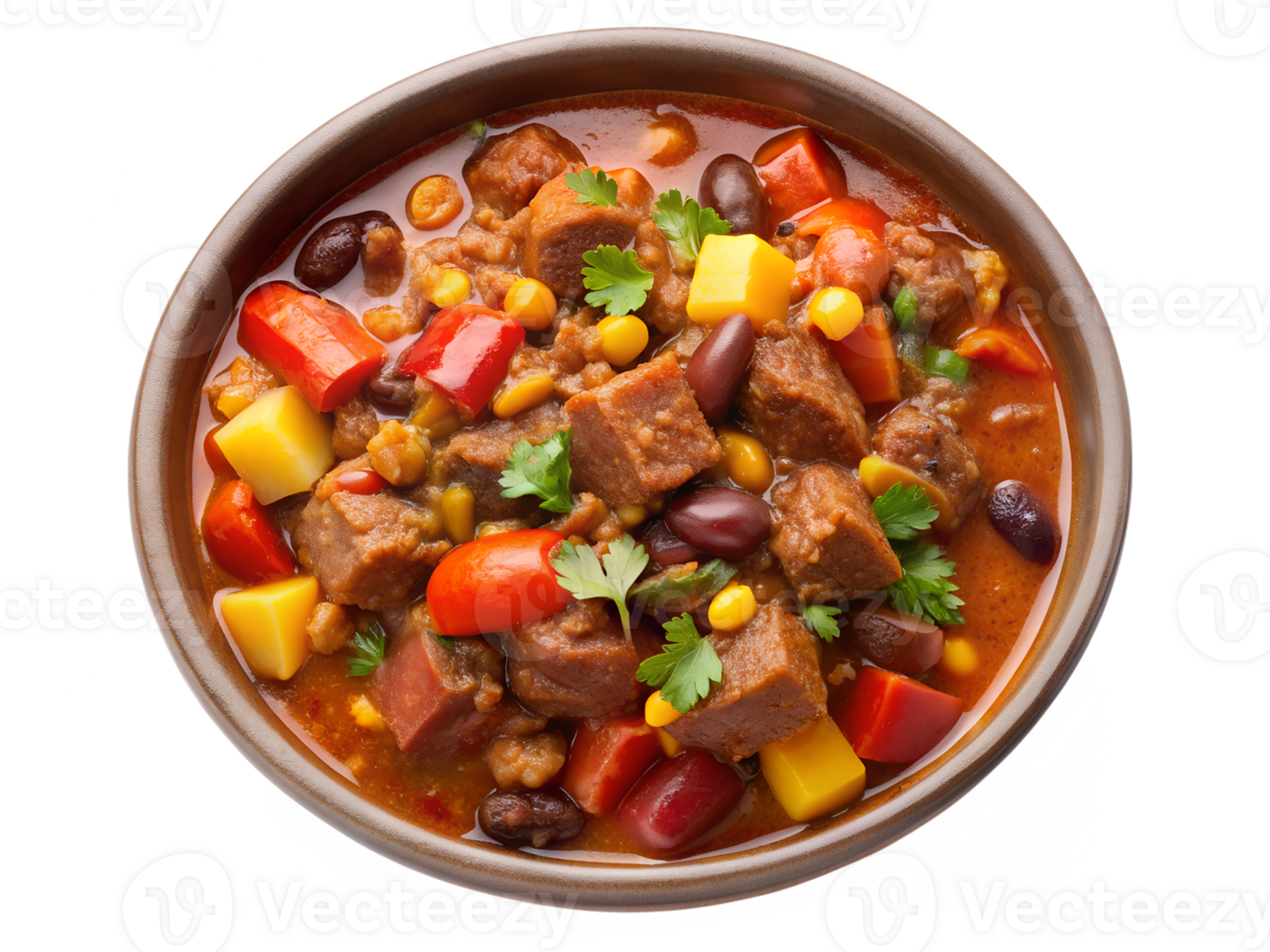 Hearty stew with vegetables and meat in a bowl png