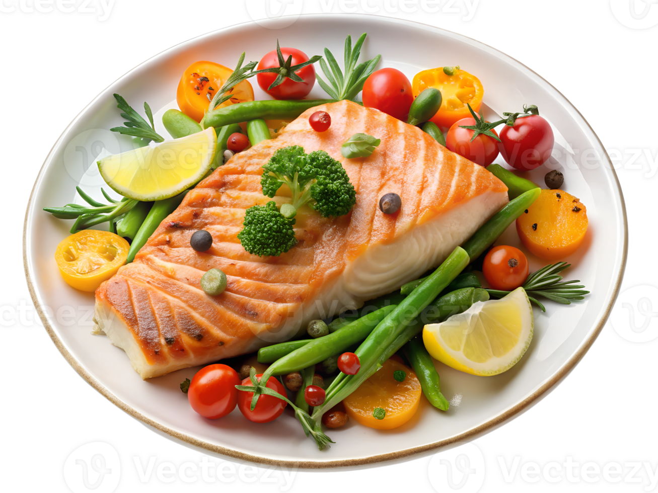 Grilled salmon with veggies and lemon png