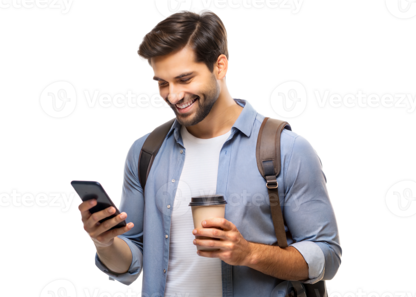 Young man enjoying coffee while using smartphone png