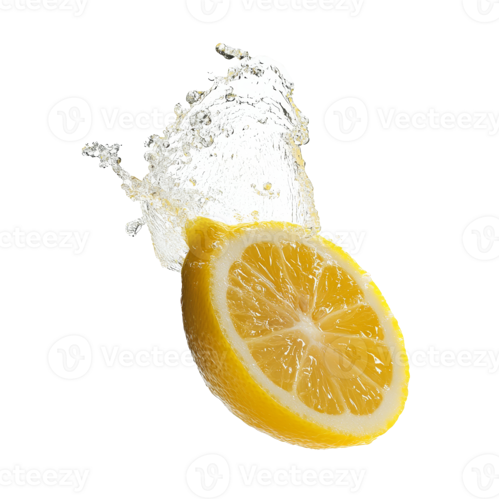 Fresh lemon slice splashing into clear water png