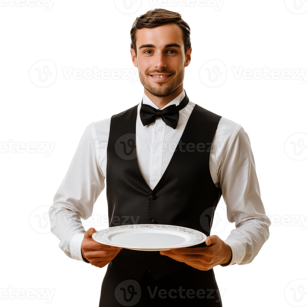 Waiter holding a plate in formal attire indoors png
