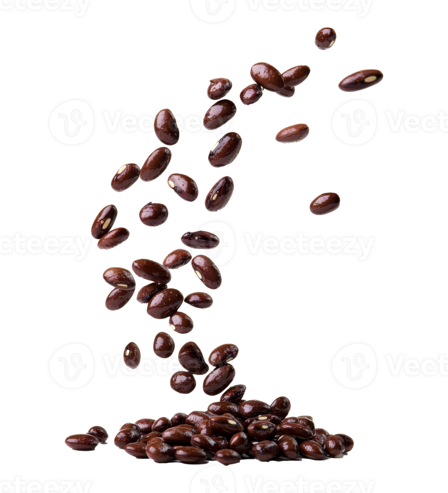 Dark roasted coffee beans cascading from above png