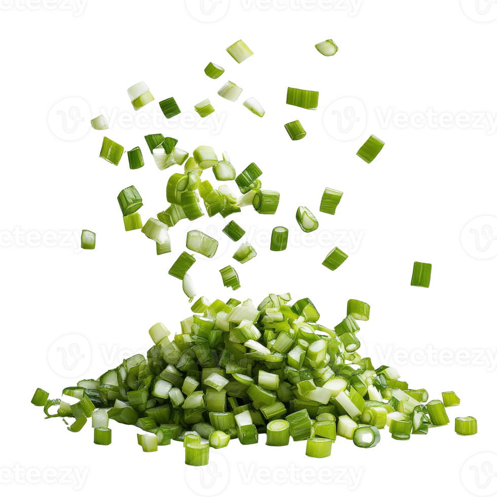 Freshly chopped green onions hovering in the air png