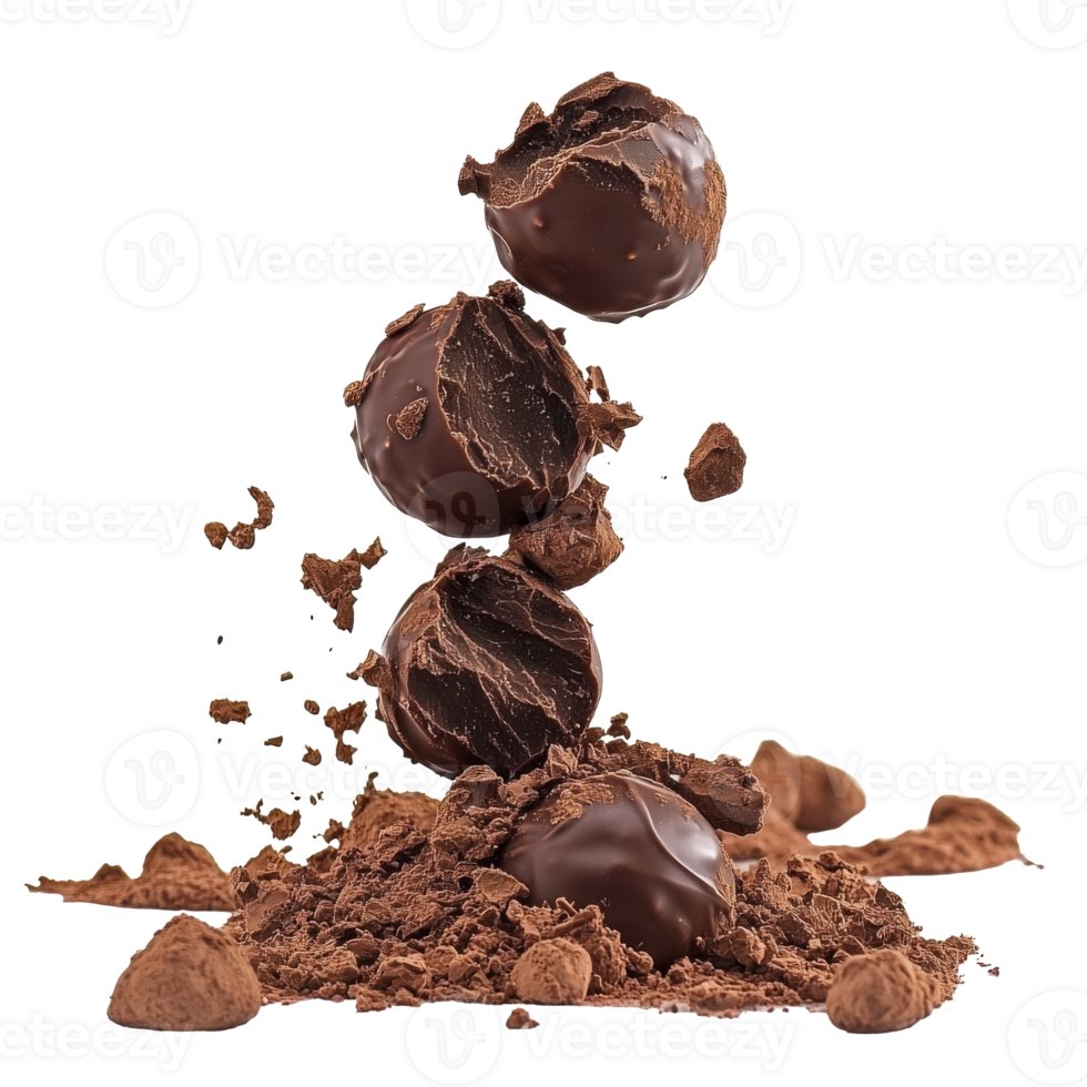 Truffles above a mound of cocoa powder png