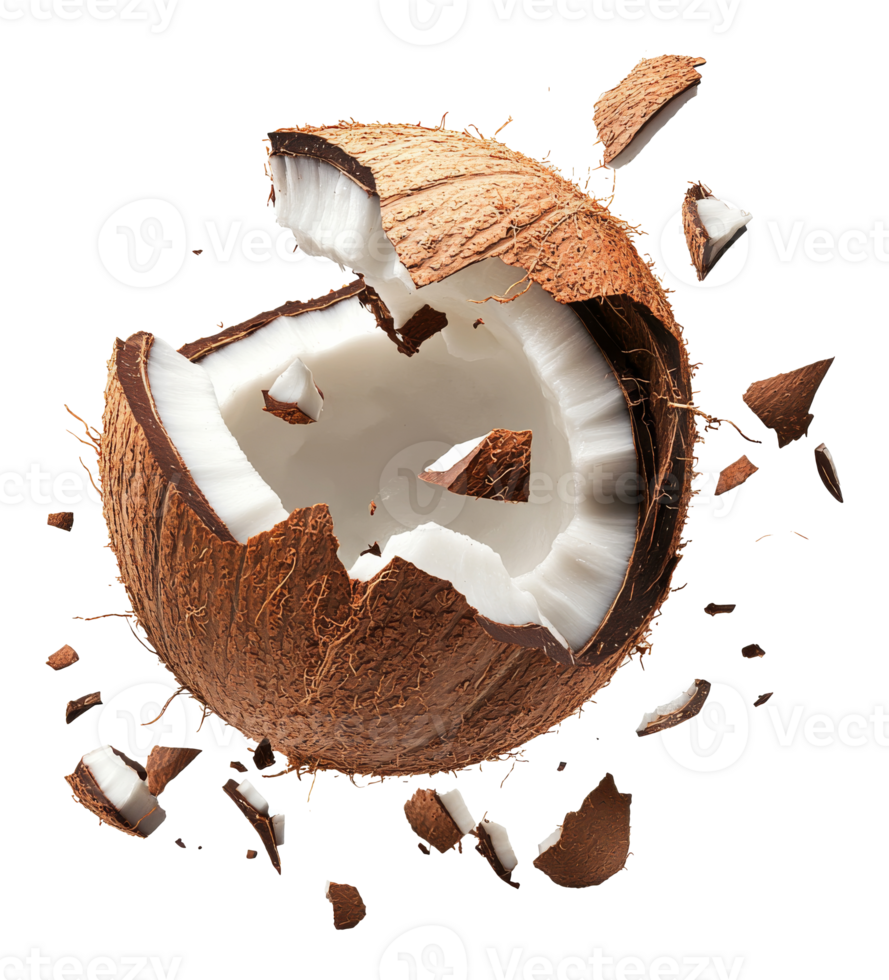 Coconut being cracked open in a burst of fragments png