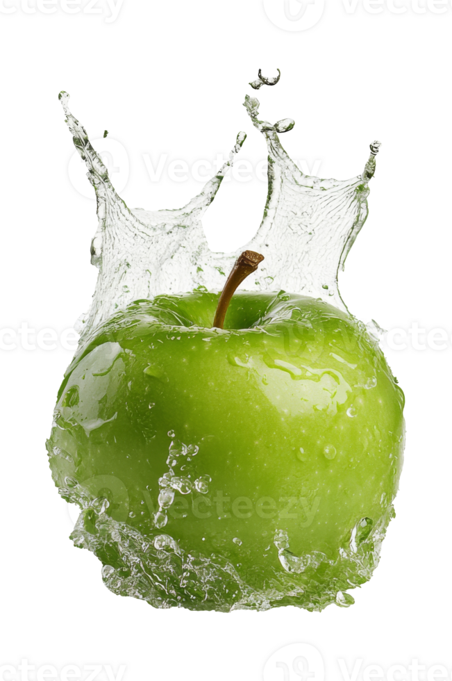 Green apple splashing into clear water droplets png