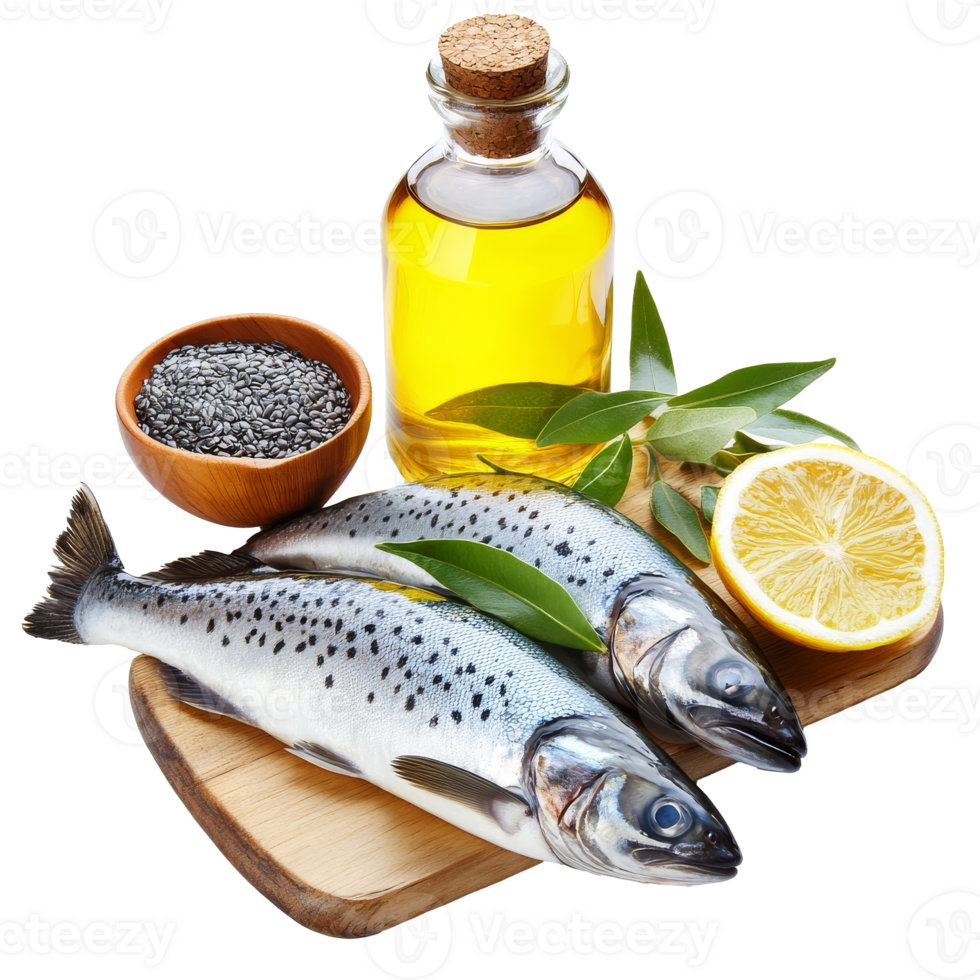 Fish with lemon and oil on wood board png