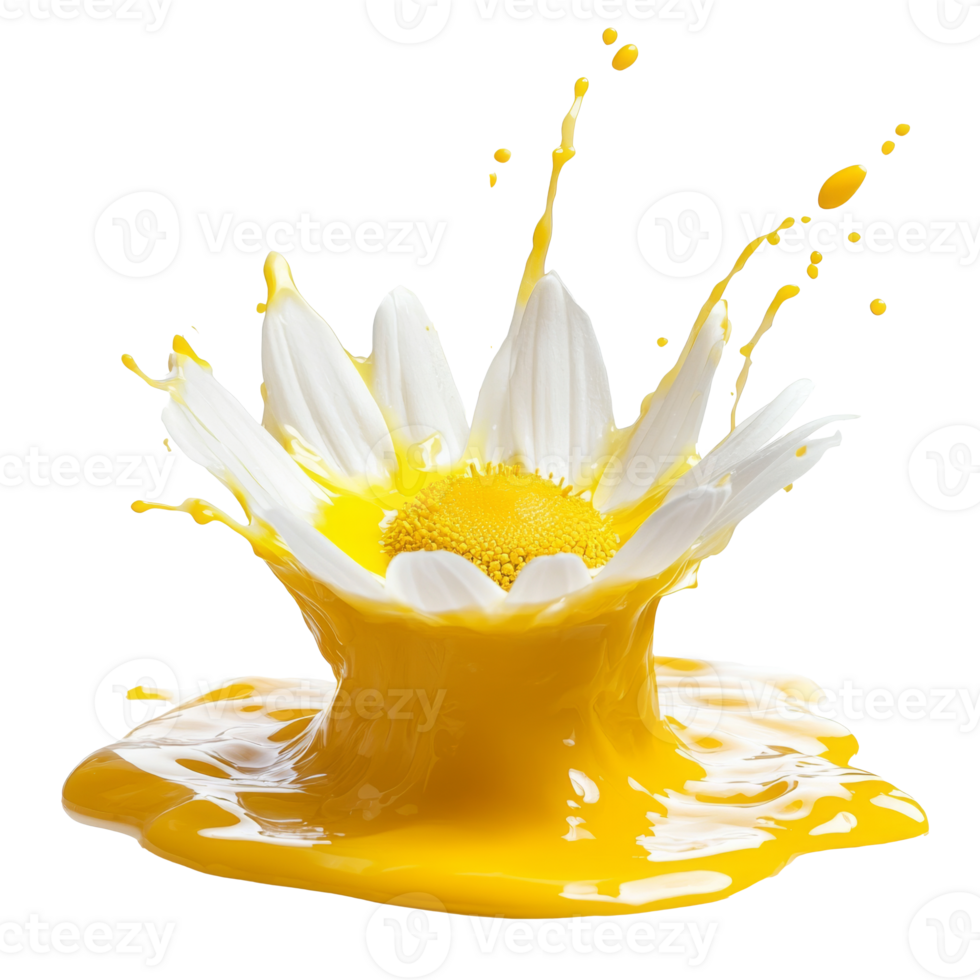 Yellow splash with daisy petals and yolk in motion png